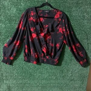 BCX Black Blouse with Red Floral Ruffle Wrap Detail